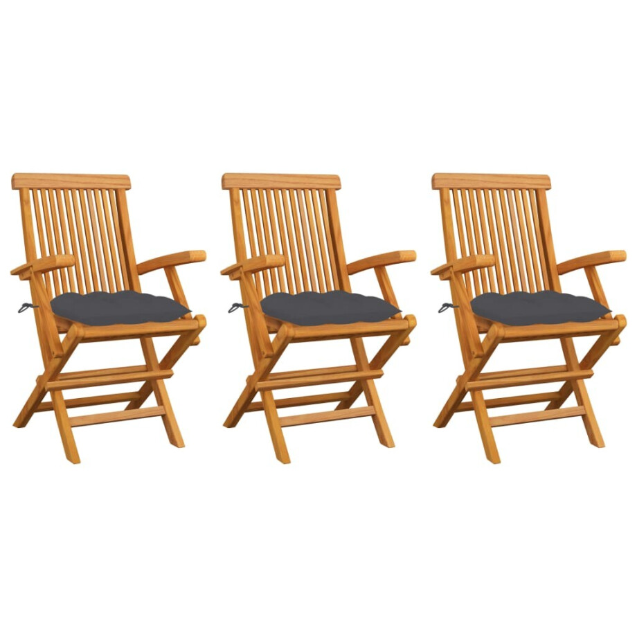vidaXL Tuinstoelen 3 st met antracietkleurige kussens massief teakhout afbeelding 1