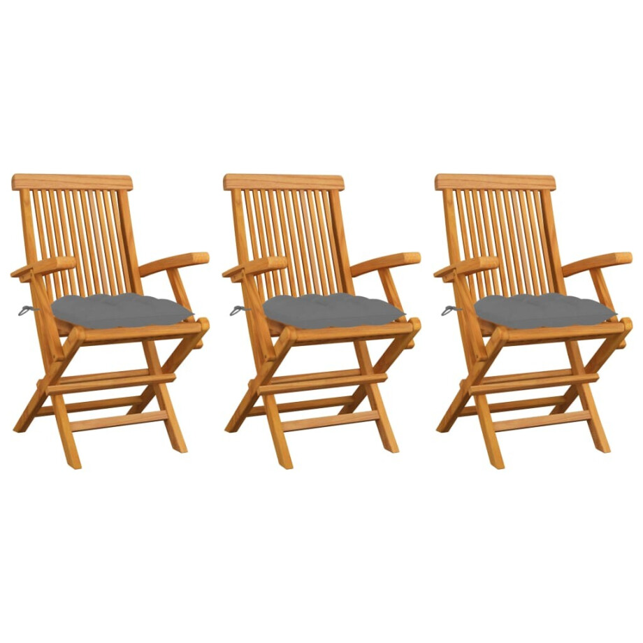 vidaXL Tuinstoelen 3 st met grijze kussens massief teakhout vidaXL Tuinstoelen 3 st met grijze kussens massief teakhout afbeelding 1
