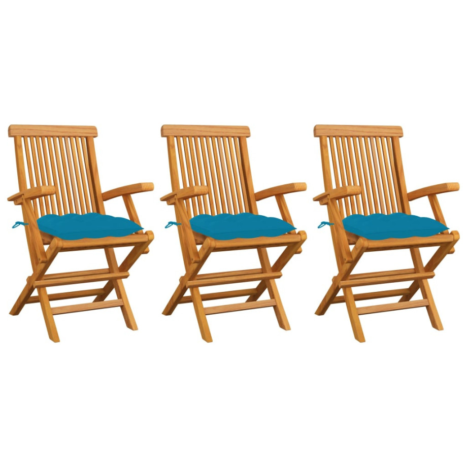 vidaXL Tuinstoelen 3 st met lichtblauwe kussens massief teakhout afbeelding 1
