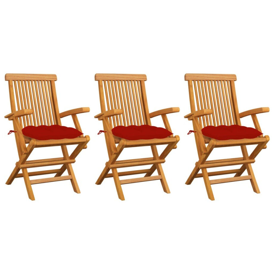 vidaXL Tuinstoelen 3 st met rode kussens massief teakhout vidaXL Tuinstoelen 3 st met rode kussens massief teakhout afbeelding 1