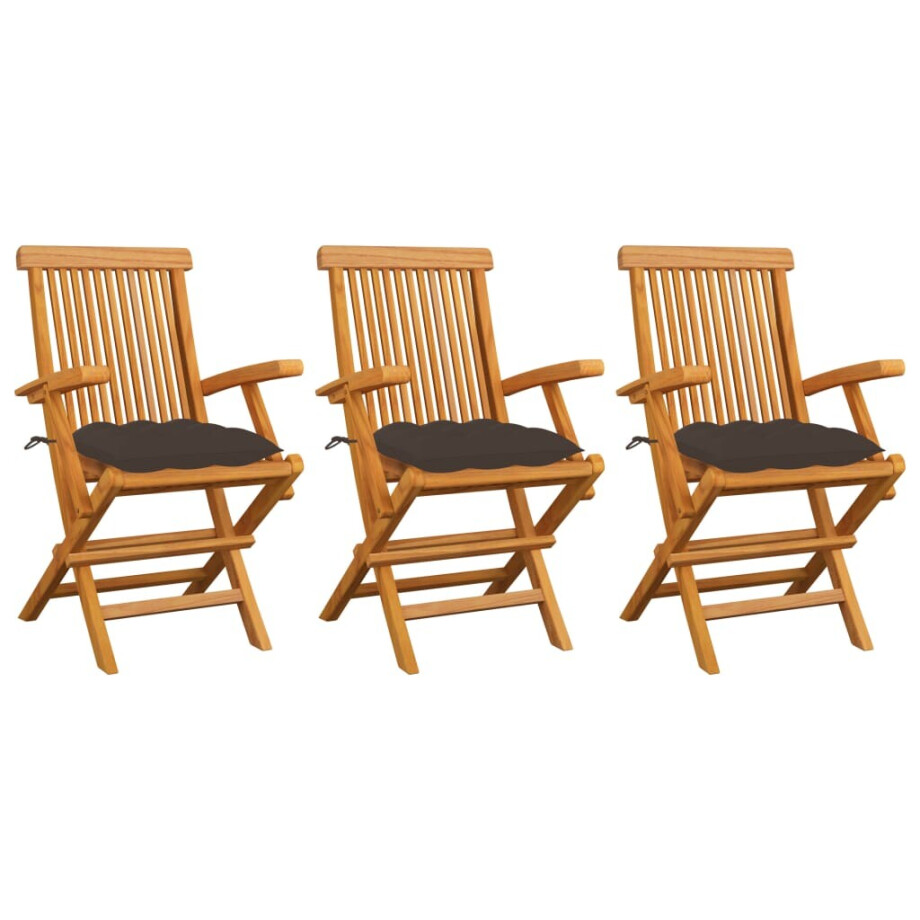 vidaXL Tuinstoelen 3 st met taupe kussens massief teakhout afbeelding 1