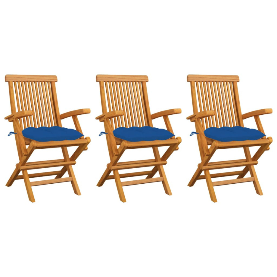 vidaXL Tuinstoelen 3 st met blauwe kussens massief teakhout afbeelding 1