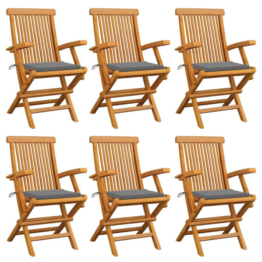 vidaXL Tuinstoelen 6 st met grijze kussens massief teakhout afbeelding 1