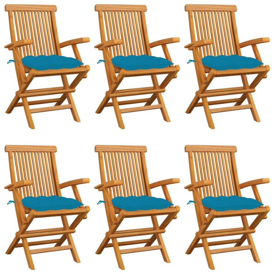 vidaXL Tuinstoelen 6 st met lichtblauwe kussens massief teakhout afbeelding 1