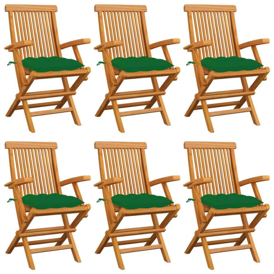 vidaXL Tuinstoelen 6 st met groene kussens massief teakhout vidaXL Tuinstoelen 6 st met groene kussens massief teakhout afbeelding 1