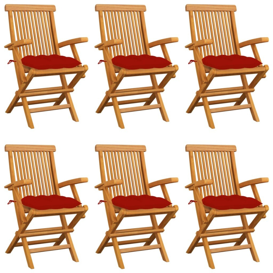vidaXL Tuinstoelen 6 st met rode kussens massief teakhout vidaXL Tuinstoelen 6 st met rode kussens massief teakhout afbeelding 1