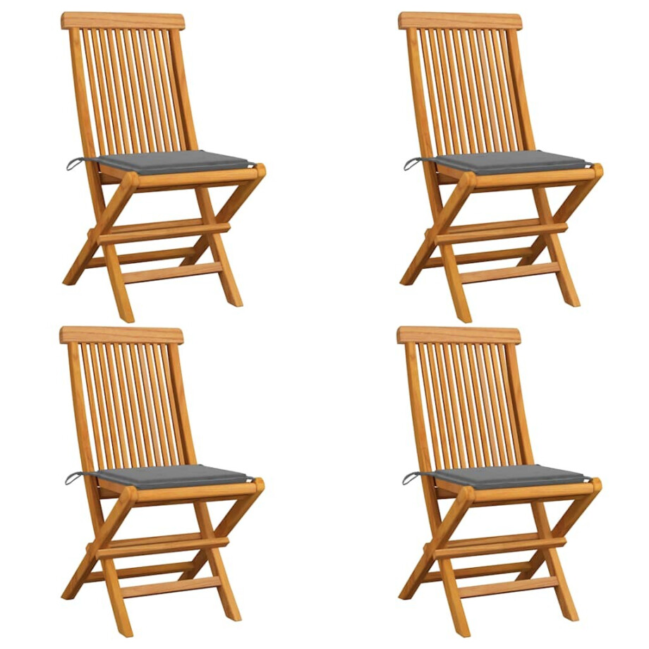 vidaXL Tuinstoelen 4 st met grijze kussens massief teakhout vidaXL Tuinstoelen 4 st met grijze kussens massief teakhout afbeelding 1