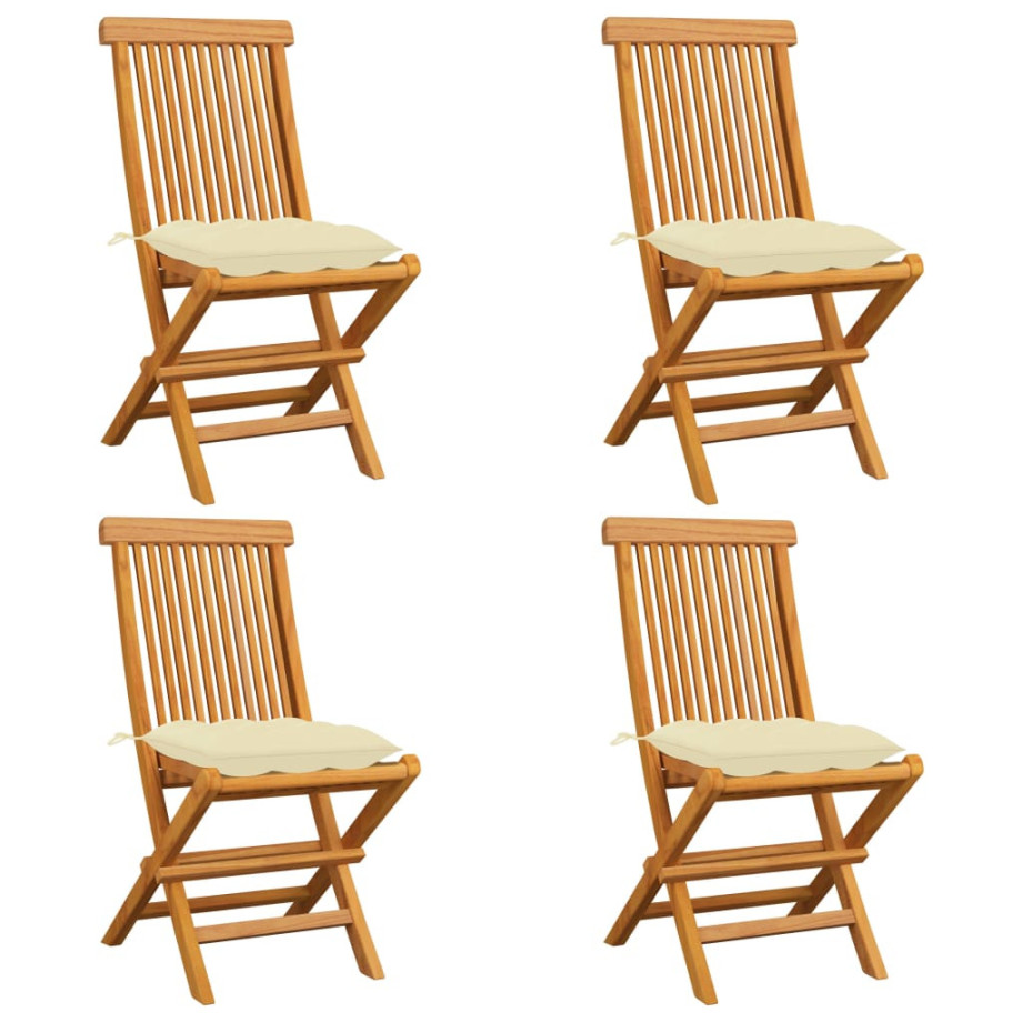 vidaXL Tuinstoelen 4 st met crèmewitte kussens massief teakhout afbeelding 1