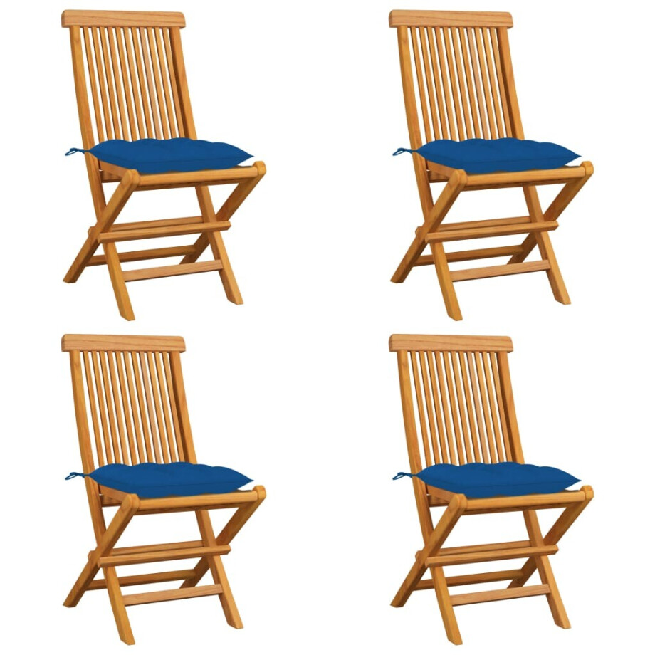 vidaXL Tuinstoelen 4 st met blauwe kussens massief teakhout afbeelding 1