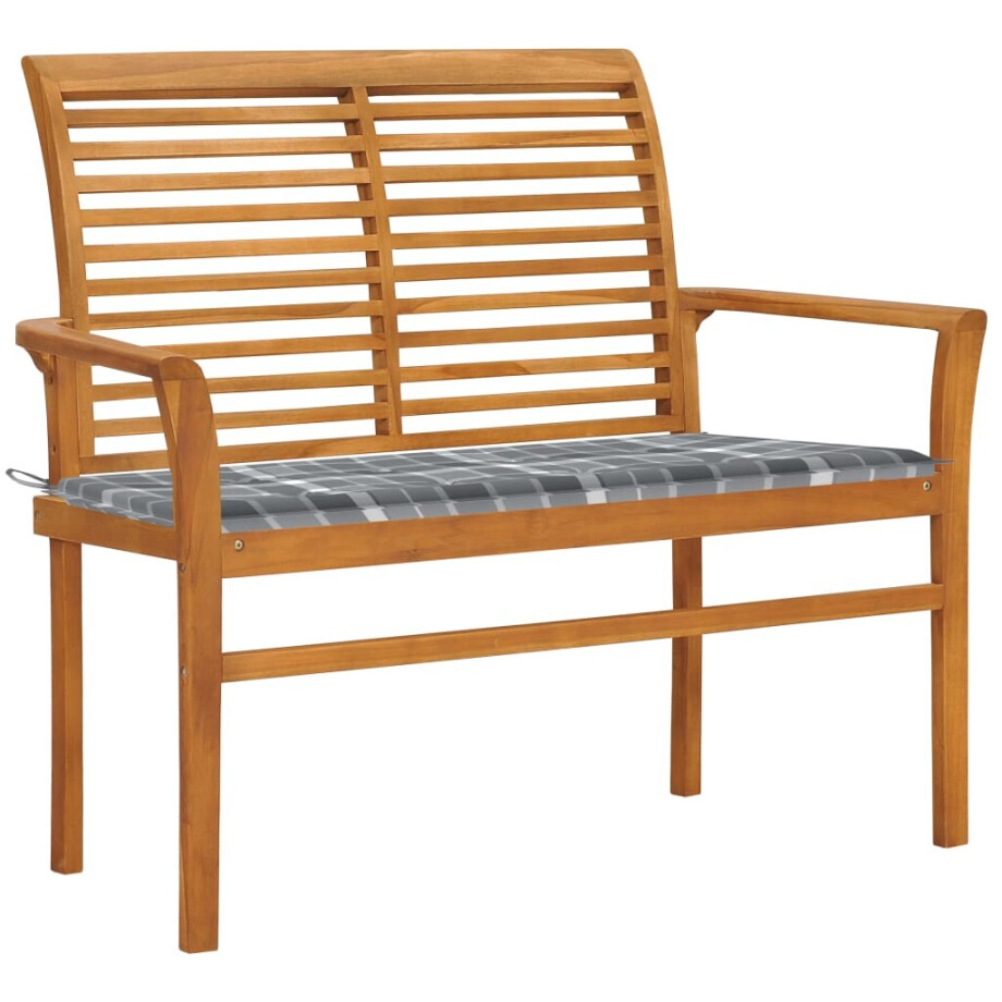 vidaXL Tuinbank met grijs geruit kussen 112 cm massief teakhout afbeelding 1
