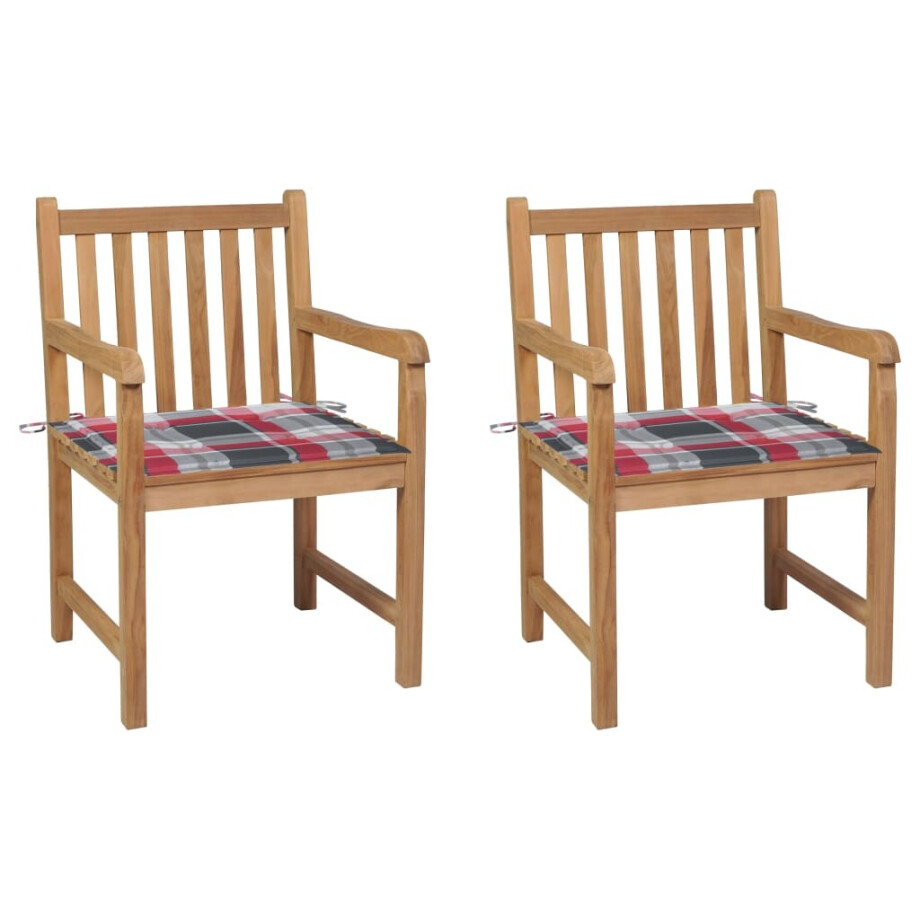 vidaXL Tuinstoelen 2 st met rood geruite kussens massief teakhout afbeelding 1