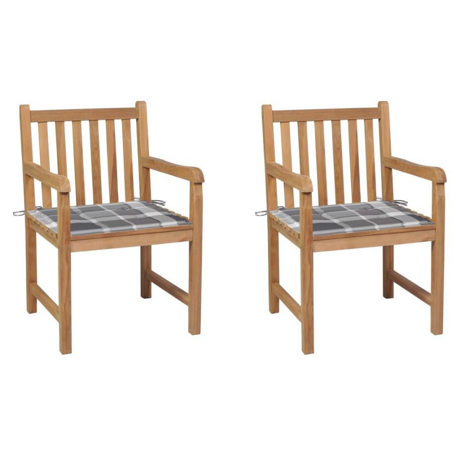 vidaXL Tuinstoelen 2 st met grijs geruite kussens massief teakhout afbeelding 1