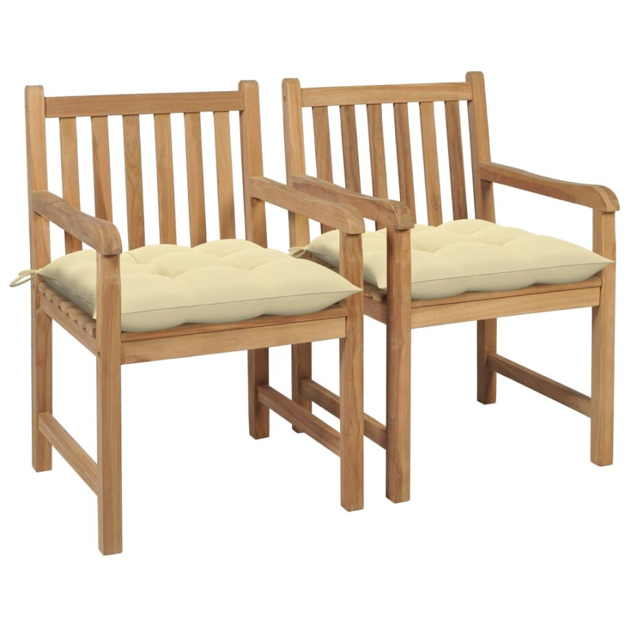 vidaXL Tuinstoelen 2 st met crèmewitte kussens massief teakhout vidaXL Tuinstoelen 2 st met crèmewitte kussens massief teakhout afbeelding 1