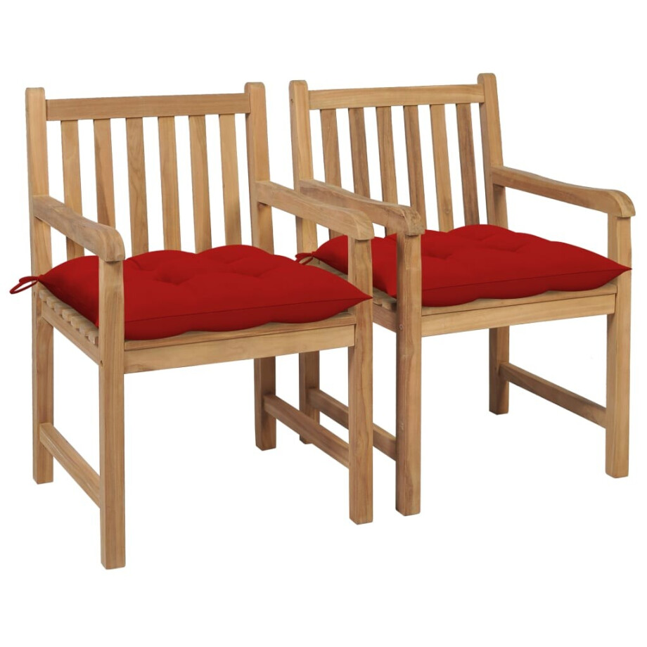 vidaXL Tuinstoelen 2 st met rode kussens massief teakhout vidaXL Tuinstoelen 2 st met rode kussens massief teakhout afbeelding 1