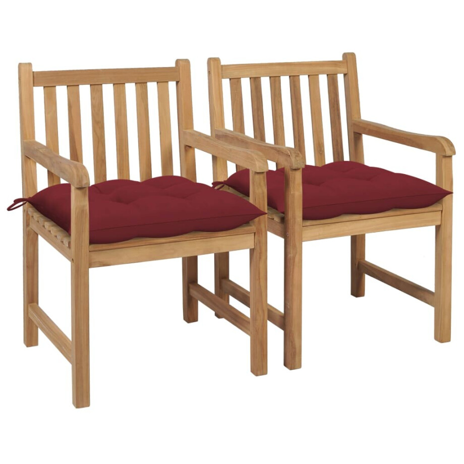 vidaXL Tuinstoelen 2 st met wijnrode kussens massief teakhout afbeelding 1
