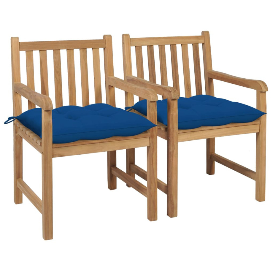 vidaXL Tuinstoelen 2 st met blauwe kussens massief teakhout afbeelding 1