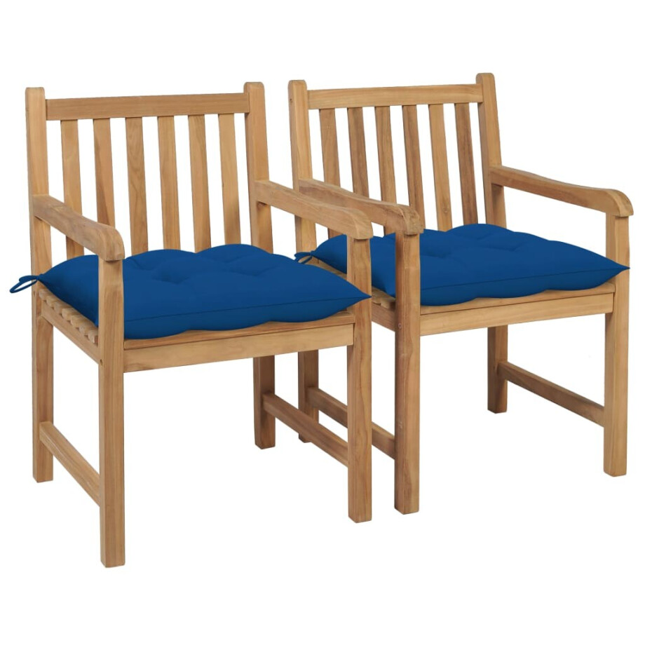 vidaXL Tuinstoelen 2 st met blauwe kussens massief teakhout vidaXL Tuinstoelen 2 st met blauwe kussens massief teakhout afbeelding 1
