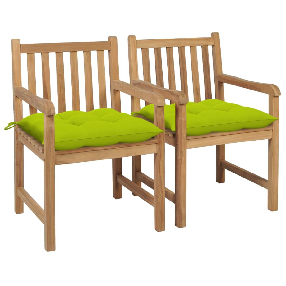 vidaXL Tuinstoelen 2 st met heldergroene kussens massief teakhout afbeelding 1