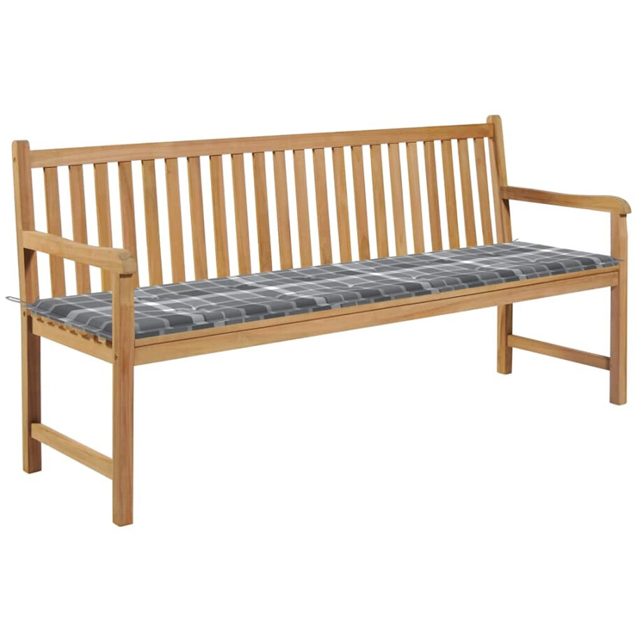 vidaXL Tuinbank met grijs geruit kussen 175 cm massief teakhout vidaXL Tuinbank met grijs geruit kussen 175 cm massief teakhout afbeelding 1