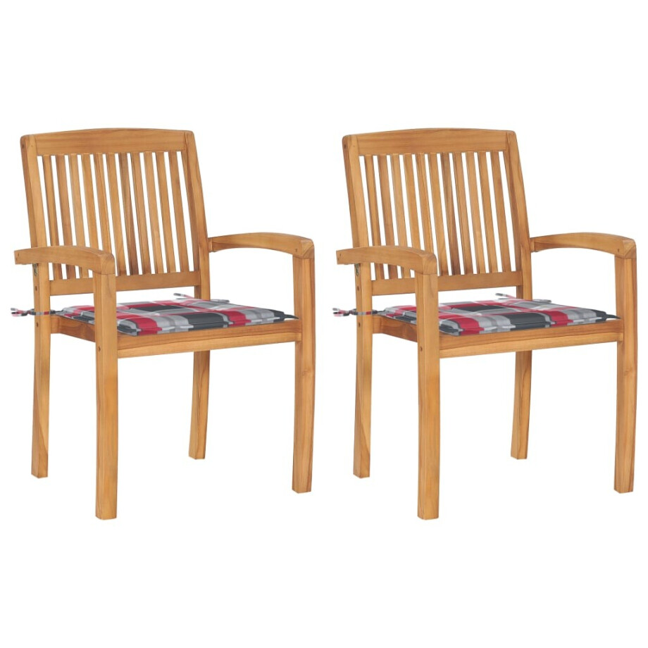 vidaXL Tuinstoelen 2 st met rood geruite kussens massief teakhout afbeelding 1