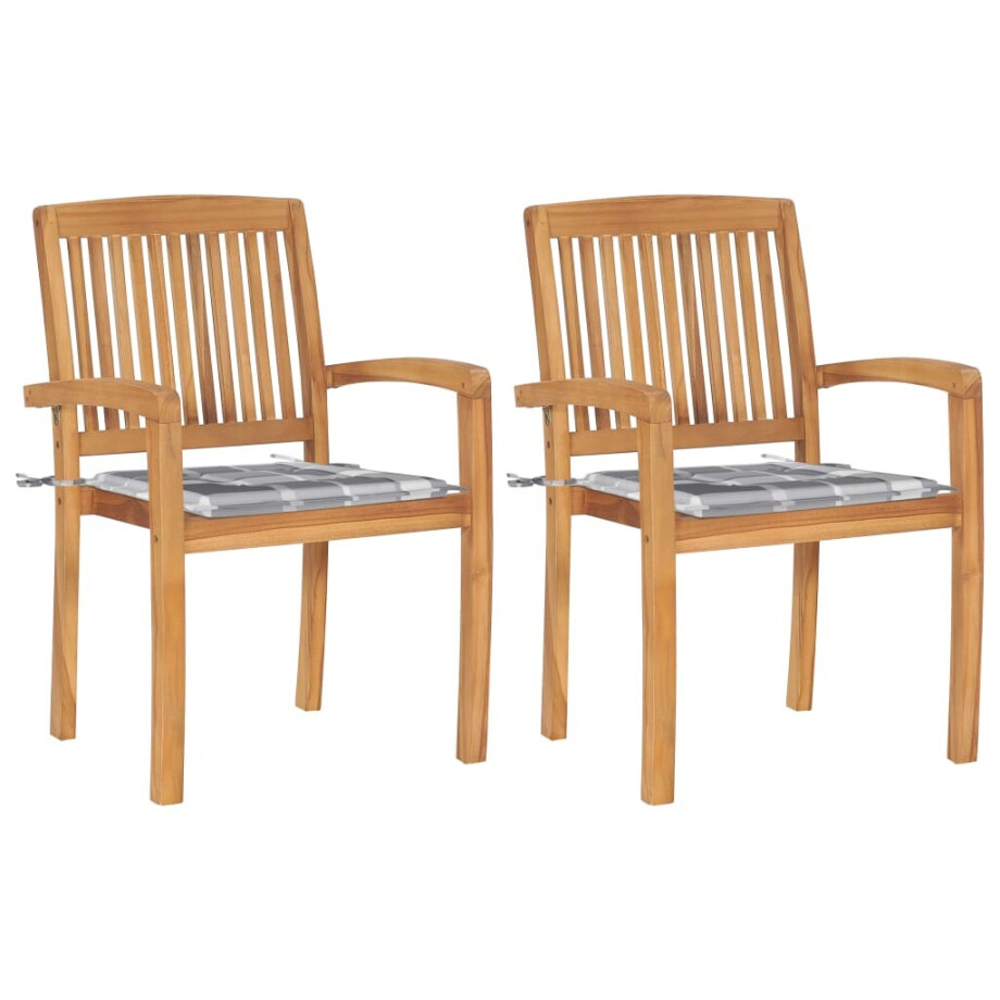vidaXL Tuinstoelen 2 st met grijs geruite kussens massief teakhout afbeelding 1