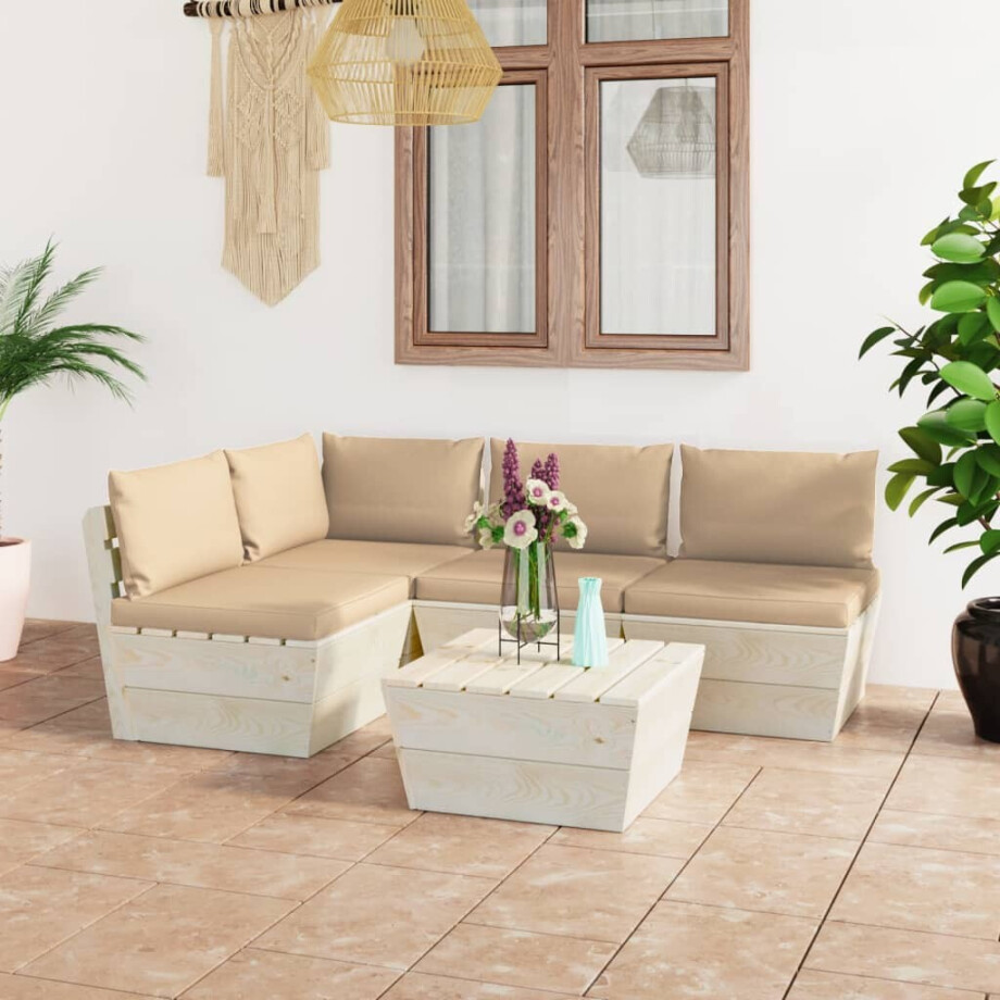 vidaXL 5-delige Loungeset met kussens pallet vurenhout afbeelding 1