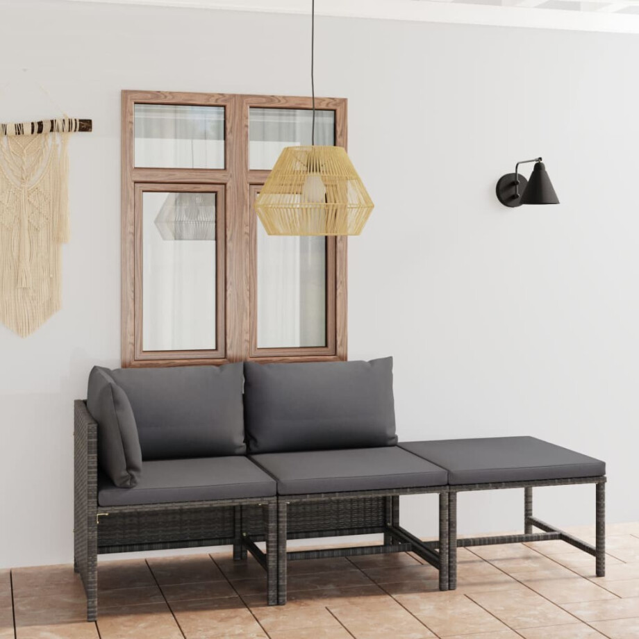 vidaXL 3-delige Loungeset met kussens poly rattan grijs afbeelding 1