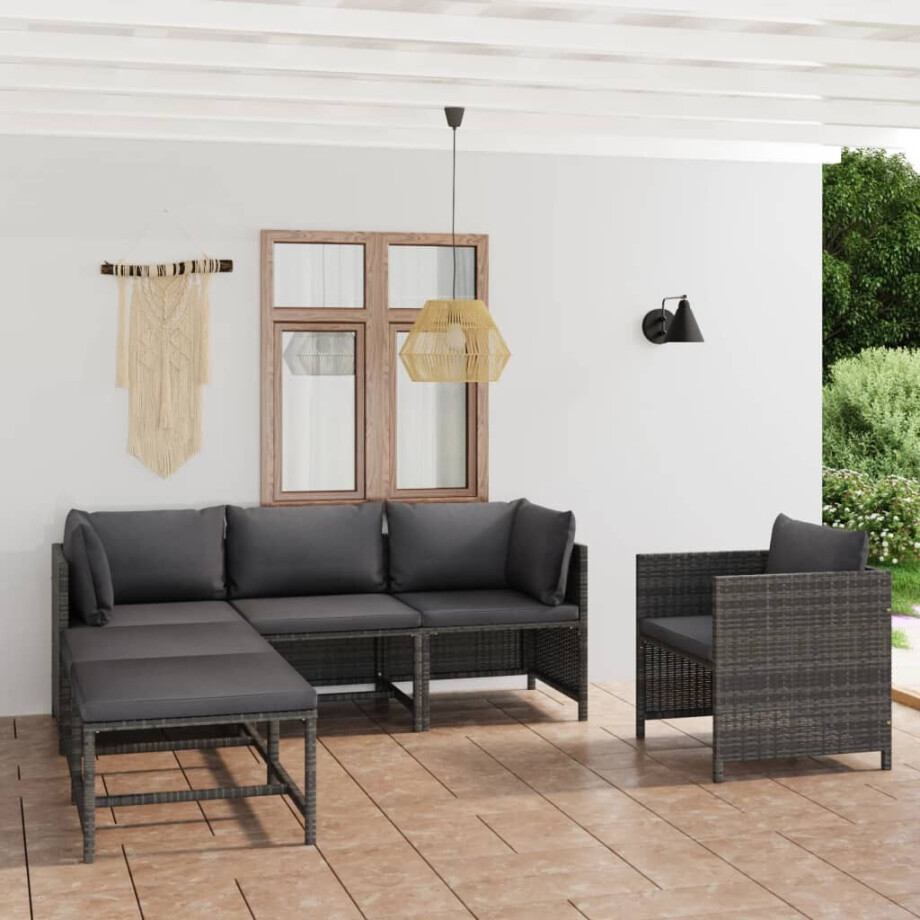vidaXL 6-delige Loungeset met kussens poly rattan grijs afbeelding 1