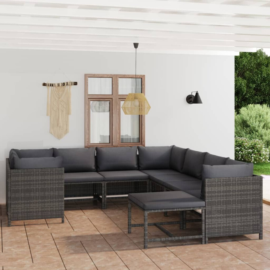 vidaXL 9-delige Loungeset met kussens poly rattan grijs afbeelding 1