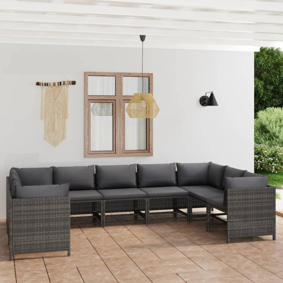 vidaXL 9-delige Loungeset met kussens poly rattan grijs afbeelding 1