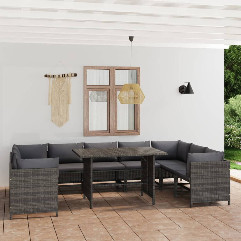 vidaXL 10-delige Loungeset met kussens poly rattan grijs afbeelding 1