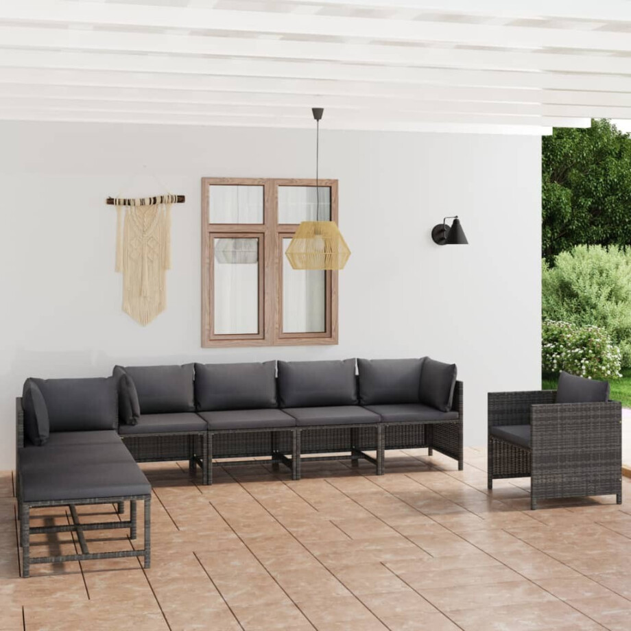 vidaXL 8-delige Loungeset met kussens poly rattan grijs afbeelding 1
