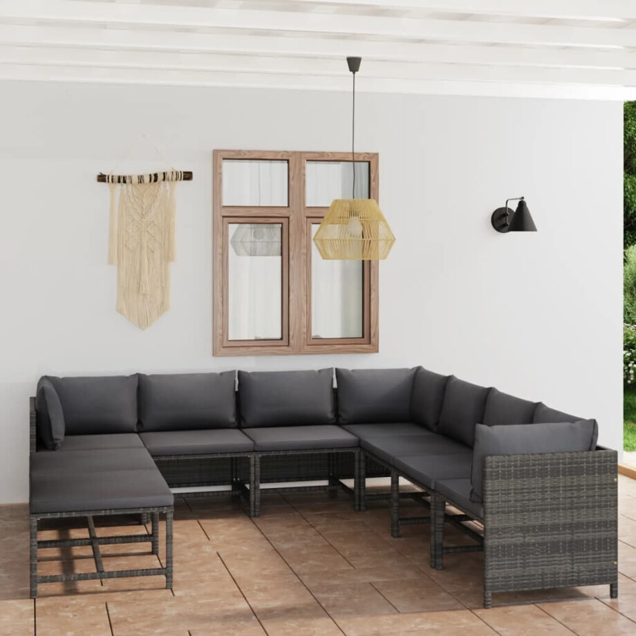 vidaXL 9-delige Loungeset met kussens poly rattan grijs vidaXL 9-delige Loungeset met kussens poly rattan grijs afbeelding 1
