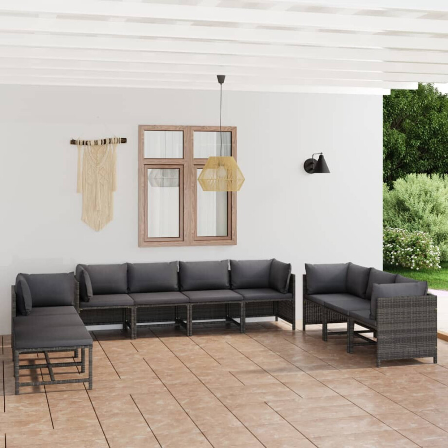 vidaXL 10-delige Loungeset met kussens poly rattan grijs afbeelding 1