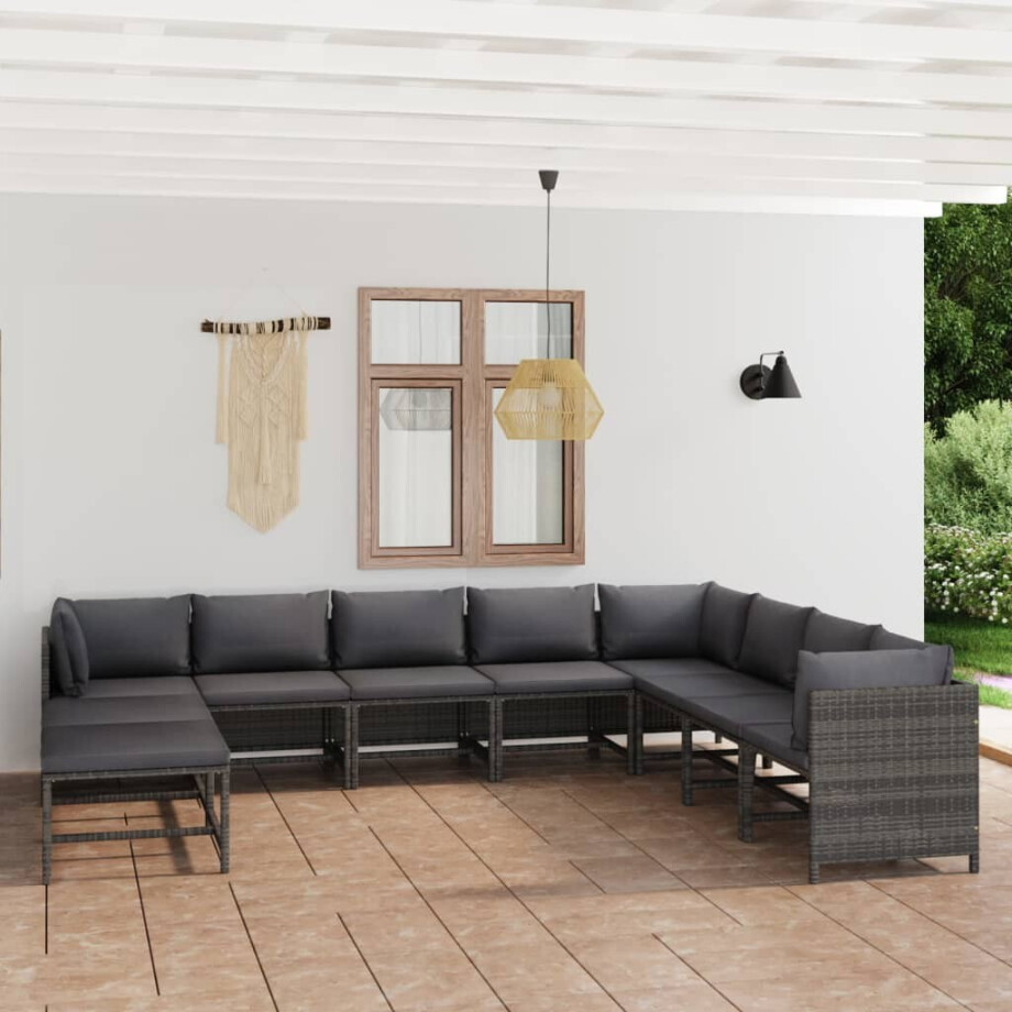 vidaXL 11-delige Loungeset met kussens poly rattan grijs afbeelding 1