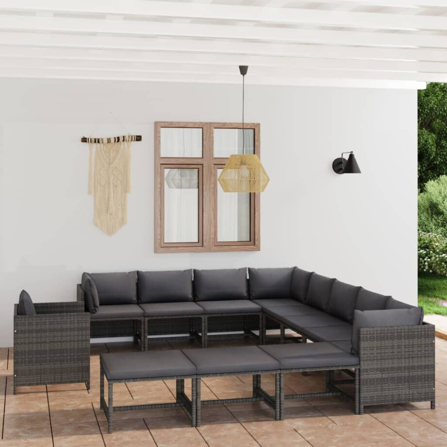vidaXL 12-delige Loungeset met kussens poly rattan grijs afbeelding 1