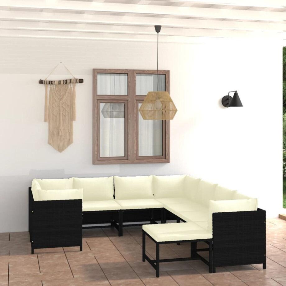 vidaXL 9-delige Loungeset met kussens poly rattan zwart afbeelding 1