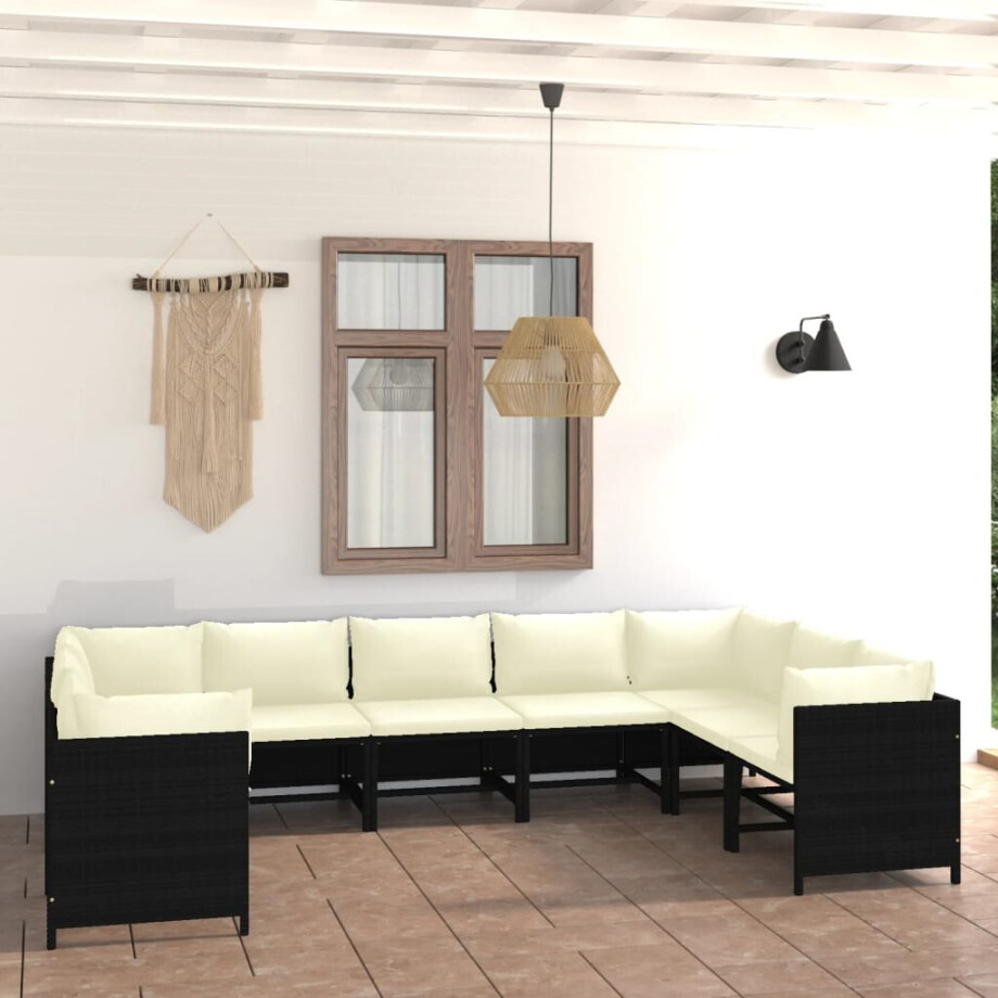 vidaXL 9-delige Loungeset met kussens poly rattan zwart afbeelding 1