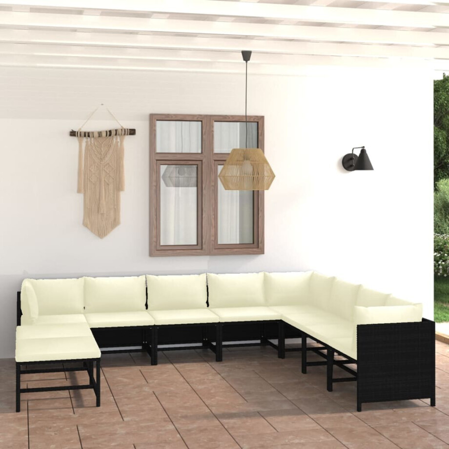 vidaXL 11-delige Loungeset met kussens poly rattan zwart afbeelding 1