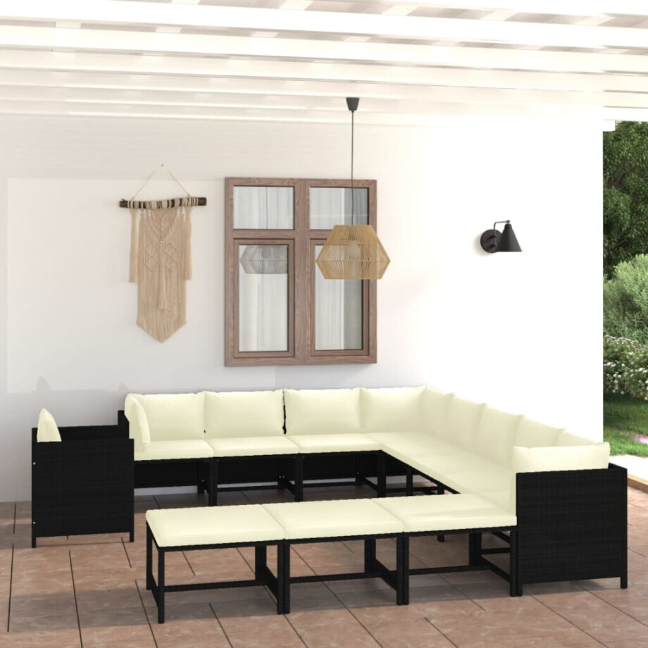 vidaXL 12-delige Loungeset met kussens poly rattan zwart afbeelding 1