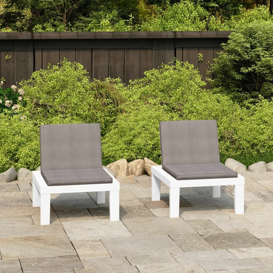 vidaXL Loungestoelen 2 st met kussens kunststof wit vidaXL Loungestoelen 2 st met kussens kunststof wit afbeelding 1