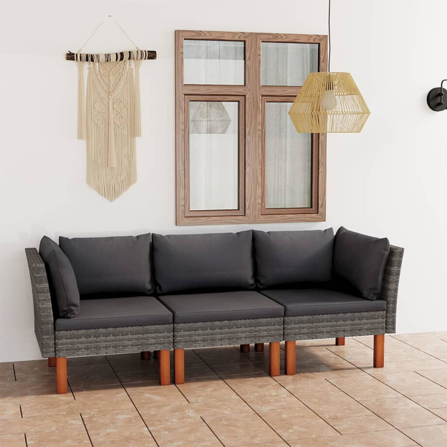 vidaXL Tuinbank 3-zits met kussens poly rattan grijs afbeelding 1