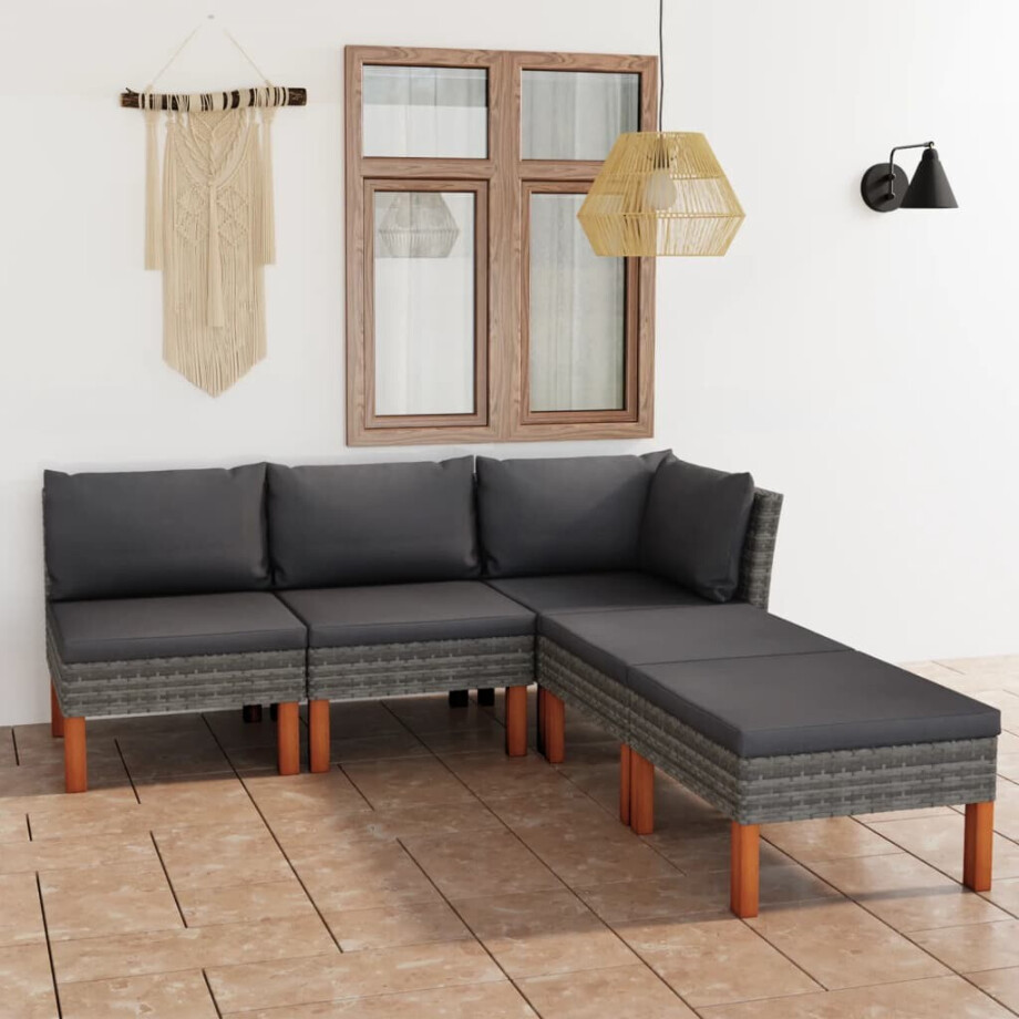 vidaXL 5-delige Loungeset met kussens poly rattan grijs afbeelding 1