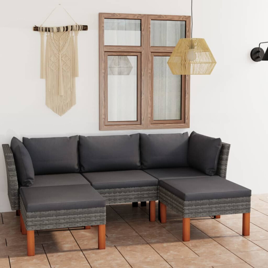 vidaXL 5-delige Loungeset met kussens poly rattan grijs afbeelding 1