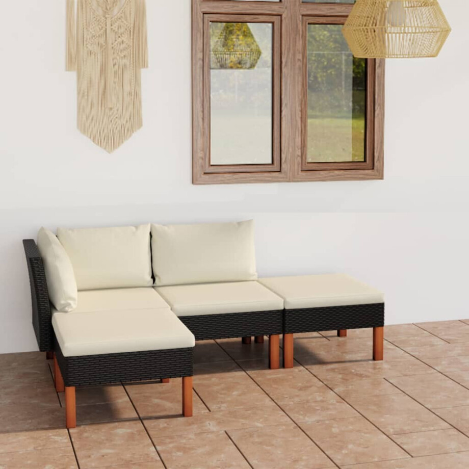 vidaXL 4-delige Loungeset met kussens poly rattan zwart afbeelding 1