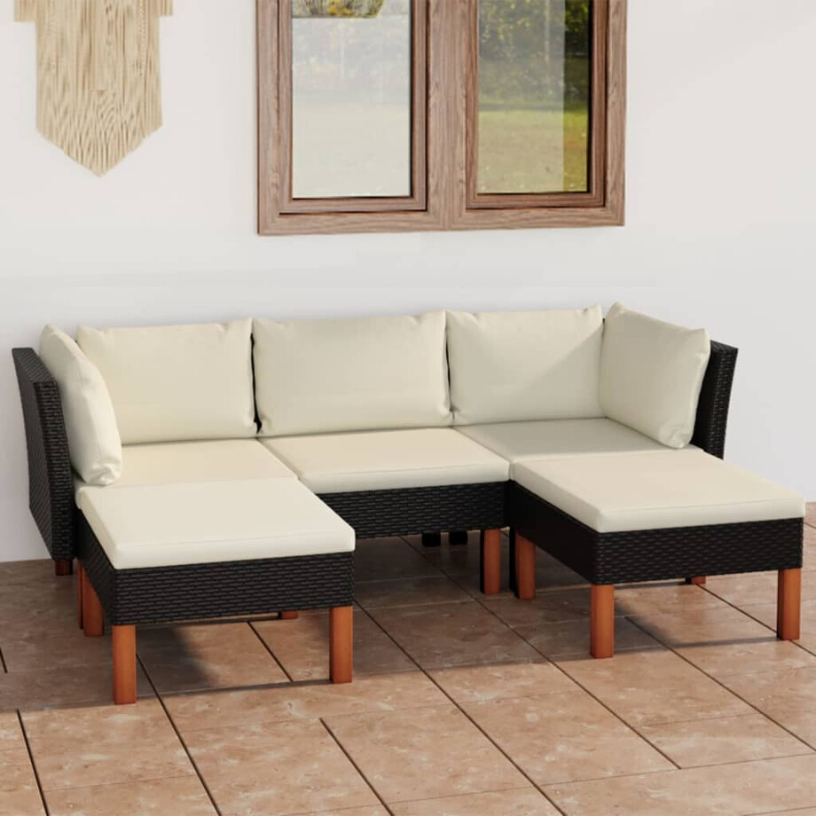 vidaXL 5-delige Loungeset met kussens poly rattan zwart afbeelding 1