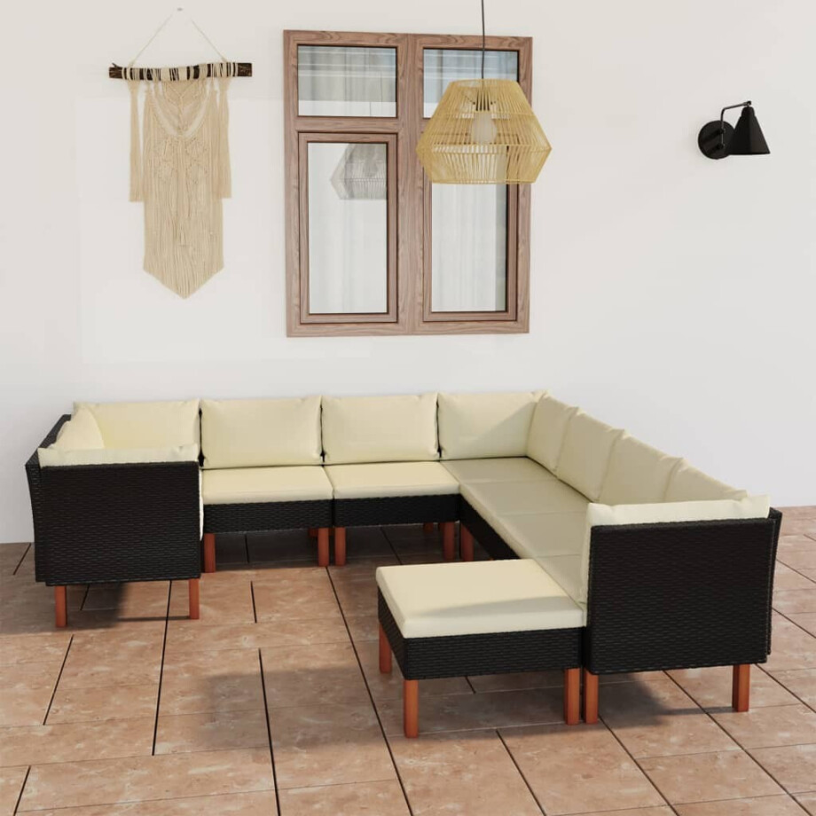 vidaXL 9-delige Loungeset met kussens poly rattan zwart afbeelding 1