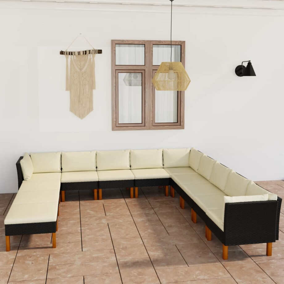 vidaXL 12-delige Loungeset met kussens poly rattan zwart afbeelding 1