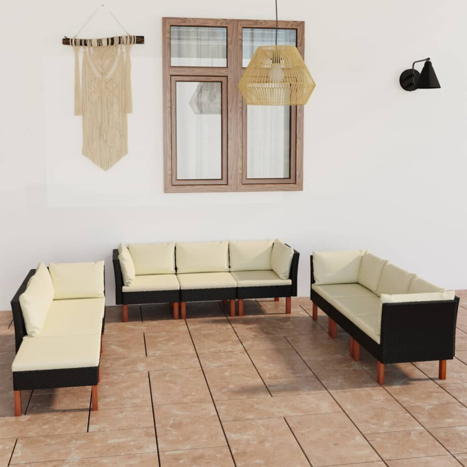 vidaXL 9-delige Loungeset met kussens poly rattan zwart afbeelding 1