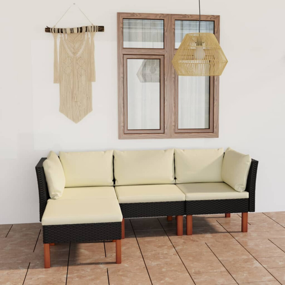 vidaXL 4-delige Loungeset met kussens poly rattan zwart afbeelding 1